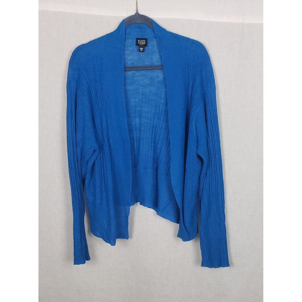 Eileen Fisher Blue 100% Linen Ribbed Open‎ Front Cardigan Sweater 2X Sustainable